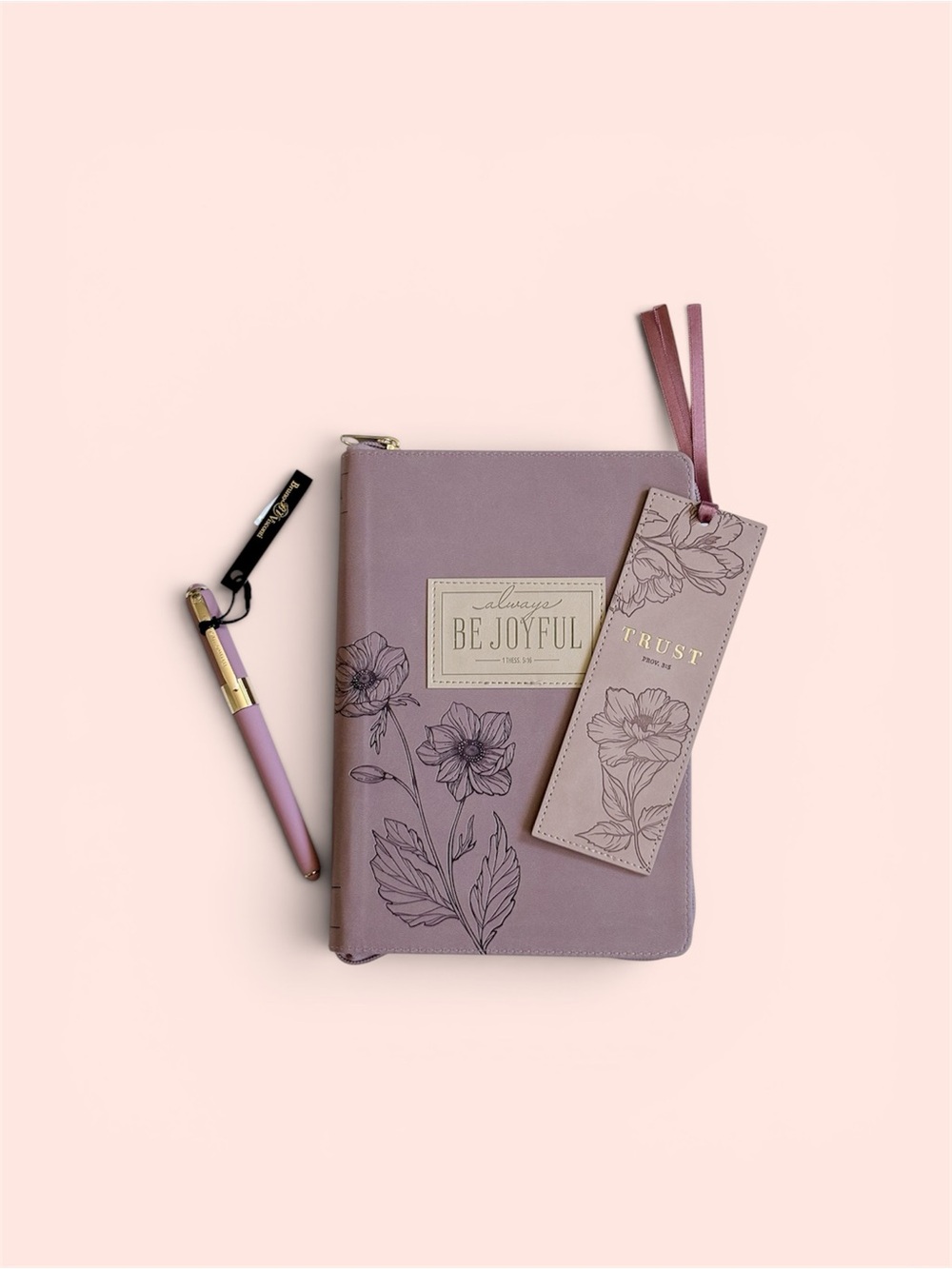 3 Item Bundle Always Be Joyful Mauve Faux Leather Journal W/ Pen & Bookmark